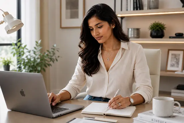 Cleora member wearing the modern edit at her desk
